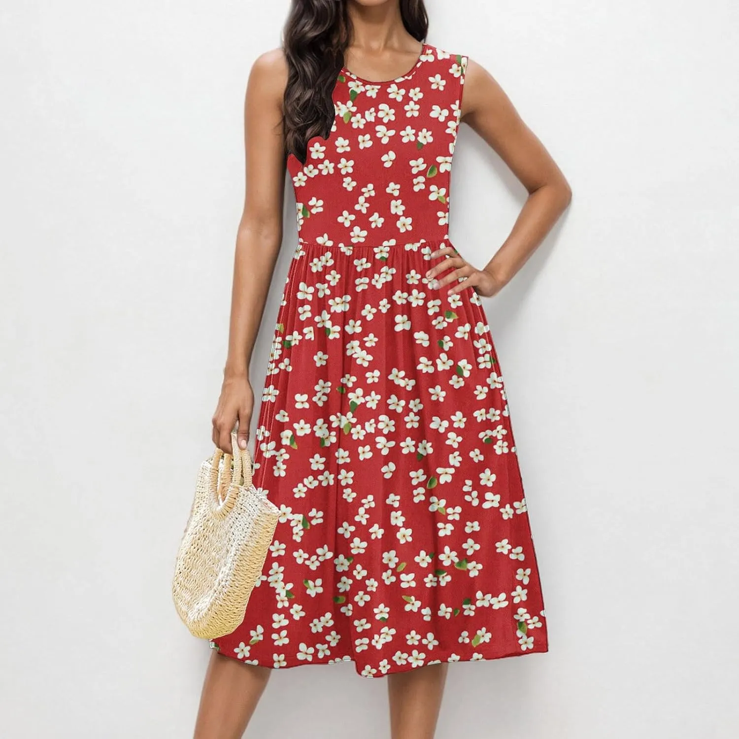 Summer Dresses for Women Casual A-Line Flowy Sleeveless Midi Dress Vintage Floral Print Pleated Beach Sundress 2025