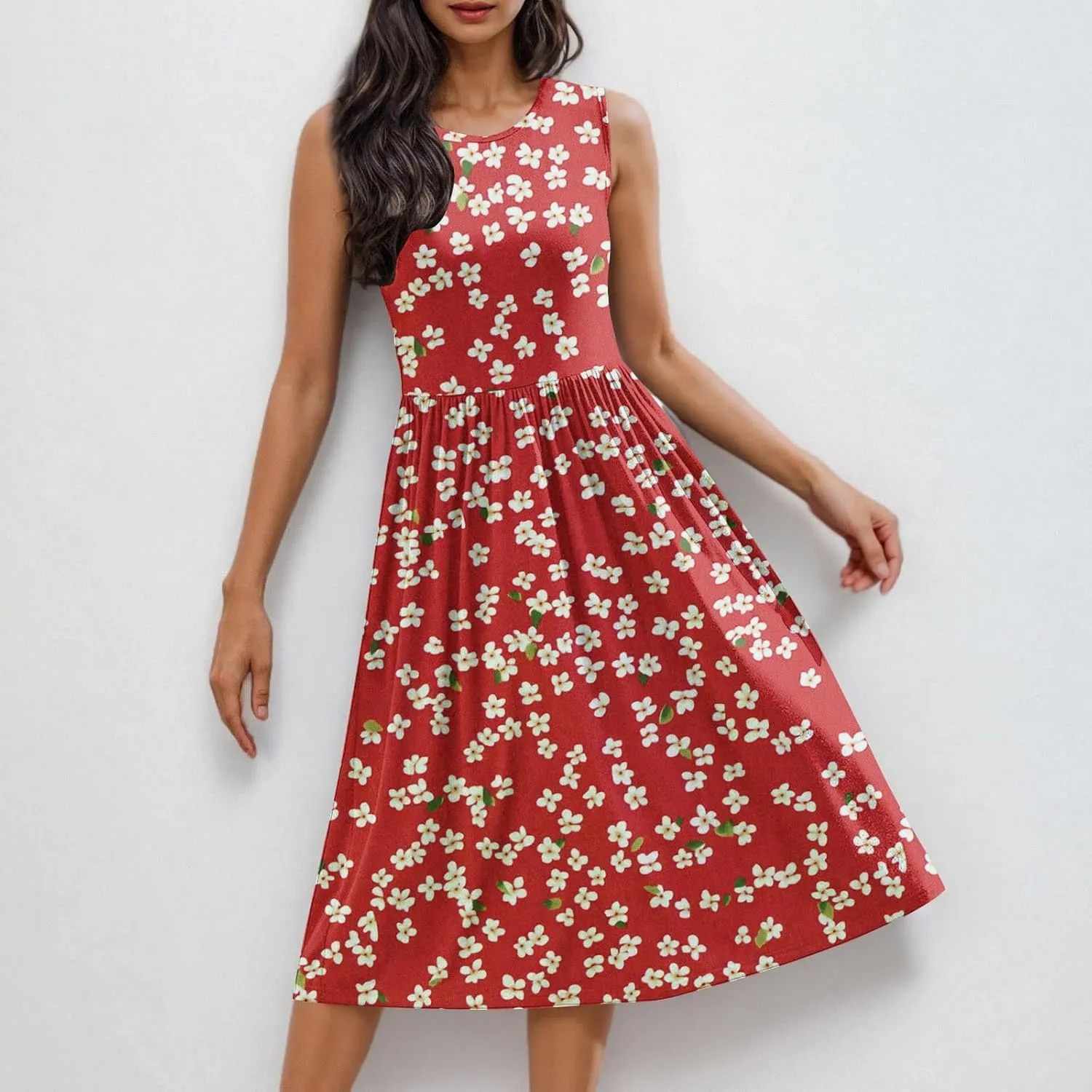 Summer Dresses for Women Casual A-Line Flowy Sleeveless Midi Dress Vintage Floral Print Pleated Beach Sundress 2025