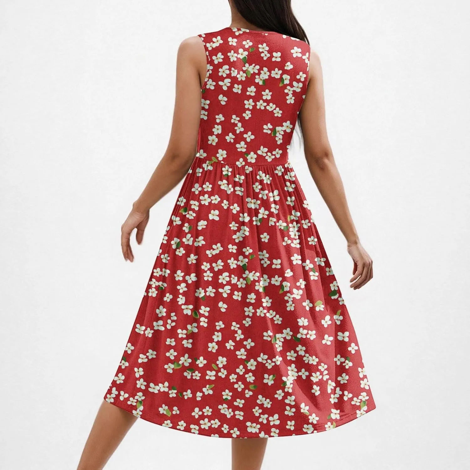 Summer Dresses for Women Casual A-Line Flowy Sleeveless Midi Dress Vintage Floral Print Pleated Beach Sundress 2025