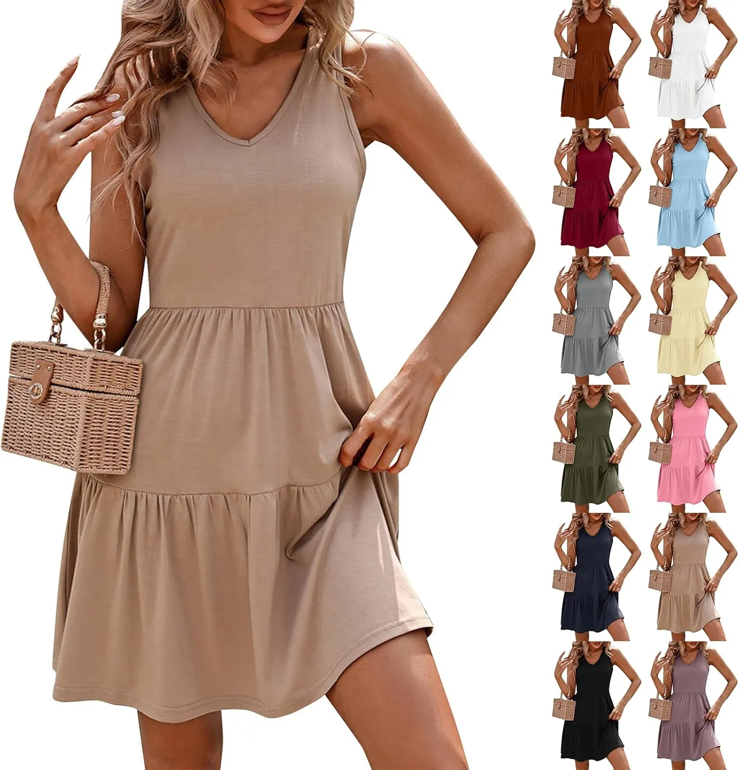 Sundresses for Women 2025 Casual Summer Flowy Tiered a Line Mini Dress Cute Boho Beach Vneck Sleeveless Tank Dress