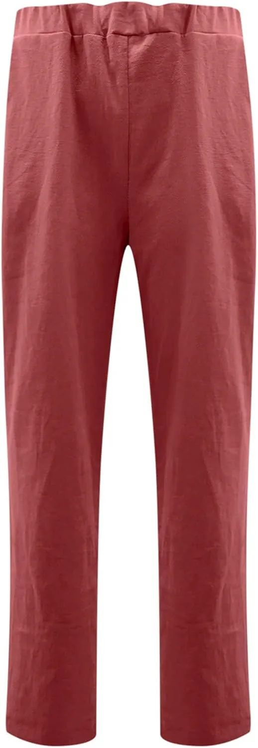 tuduoms Women's Relaxed Fit Linen Pants Elastic Waist Wide Leg Straight Joggers Summer Casual Loose Capris Yoga Trousers