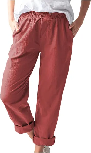 tuduoms Women's Relaxed Fit Linen Pants Elastic Waist Wide Leg Straight Joggers Summer Casual Loose Capris Yoga Trousers