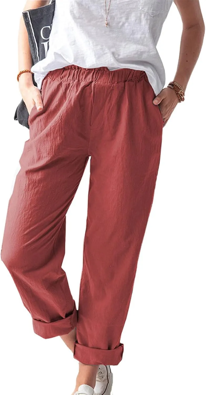 tuduoms Women's Relaxed Fit Linen Pants Elastic Waist Wide Leg Straight Joggers Summer Casual Loose Capris Yoga Trousers