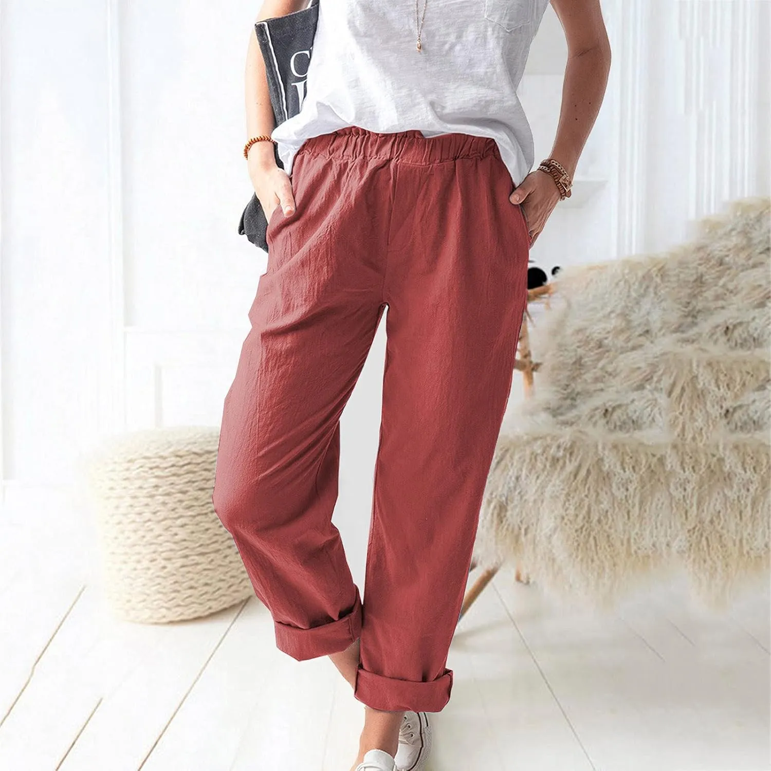 tuduoms Women's Relaxed Fit Linen Pants Elastic Waist Wide Leg Straight Joggers Summer Casual Loose Capris Yoga Trousers