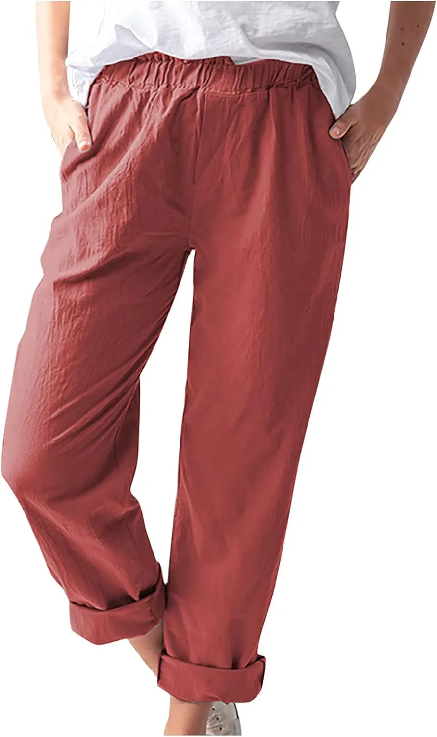 tuduoms Women's Relaxed Fit Linen Pants Elastic Waist Wide Leg Straight Joggers Summer Casual Loose Capris Yoga Trousers