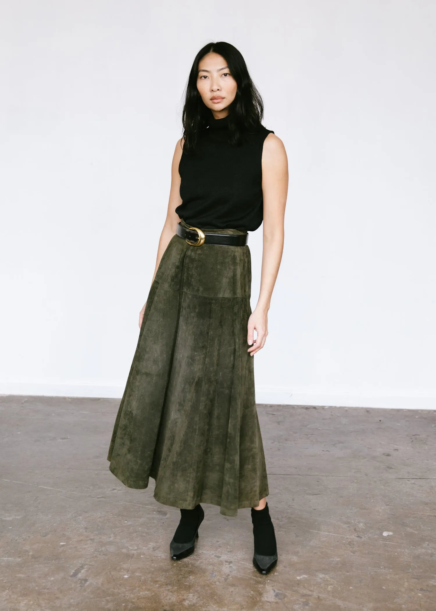 Vintage 1990s Suede Leather Midi Skirt in Moss Green