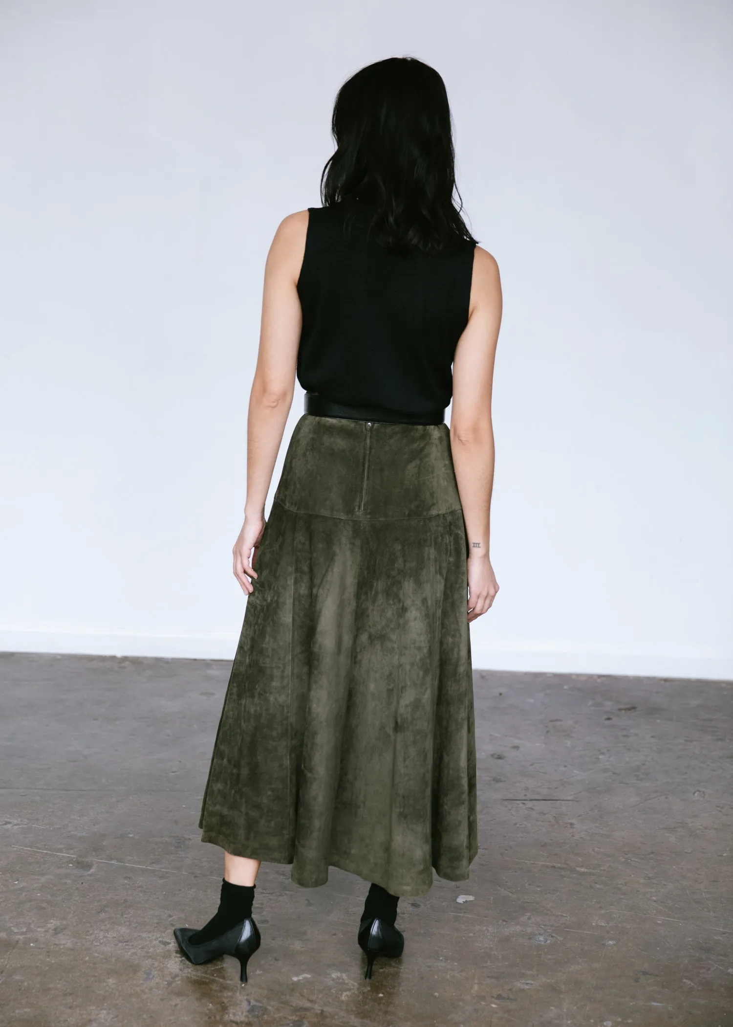 Vintage 1990s Suede Leather Midi Skirt in Moss Green