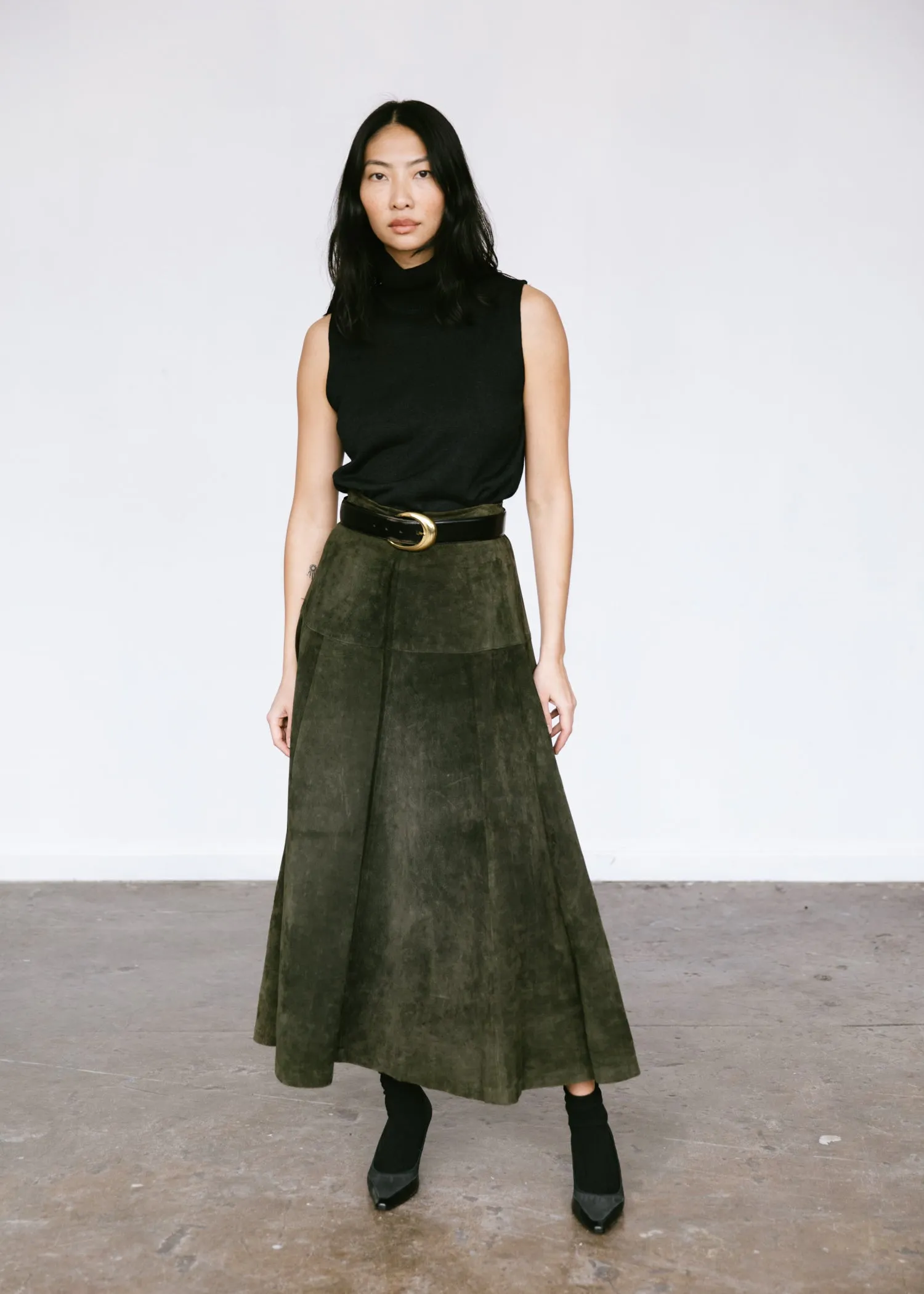 Vintage 1990s Suede Leather Midi Skirt in Moss Green