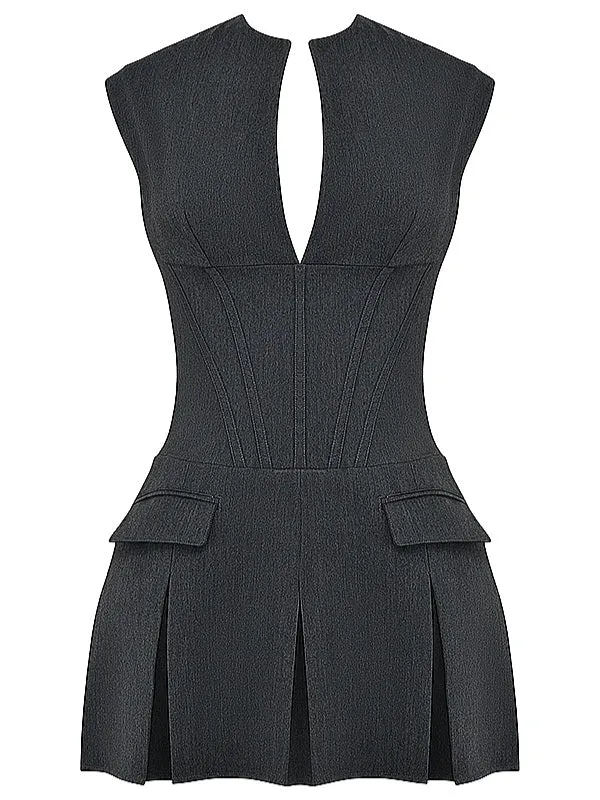 Wenkouban-Christmas Thanksgiving Gift New Year's Eve Dress party look inspos back to school dress  Eleanor Charcoal Pleated Corset Dress