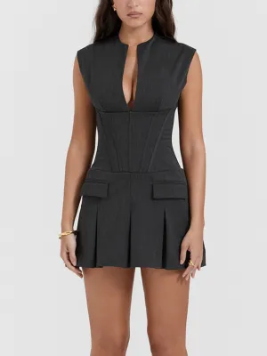 Wenkouban-Christmas Thanksgiving Gift New Year's Eve Dress party look inspos back to school dress  Eleanor Charcoal Pleated Corset Dress