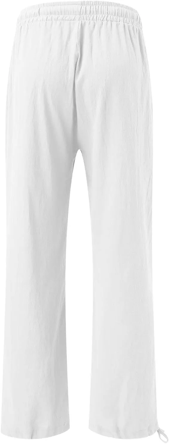 Wide Leg Linen Pants for Women 2025 Summer Casual High Waisted Palazzo Pants Boho Beach Flowy Pants with Pockets