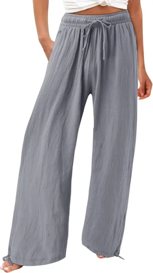 Wide Leg Linen Pants for Women 2025 Summer Casual High Waisted Palazzo Pants Boho Beach Flowy Pants with Pockets