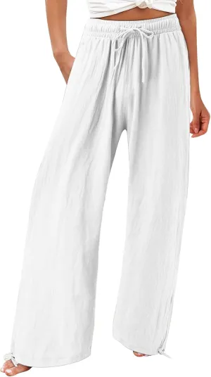 Wide Leg Linen Pants for Women 2025 Summer Casual High Waisted Palazzo Pants Boho Beach Flowy Pants with Pockets