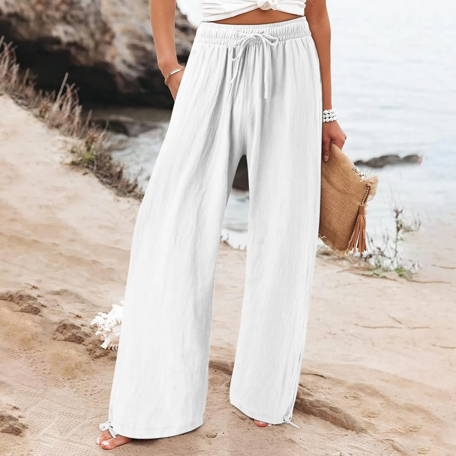 Wide Leg Linen Pants for Women 2025 Summer Casual High Waisted Palazzo Pants Boho Beach Flowy Pants with Pockets