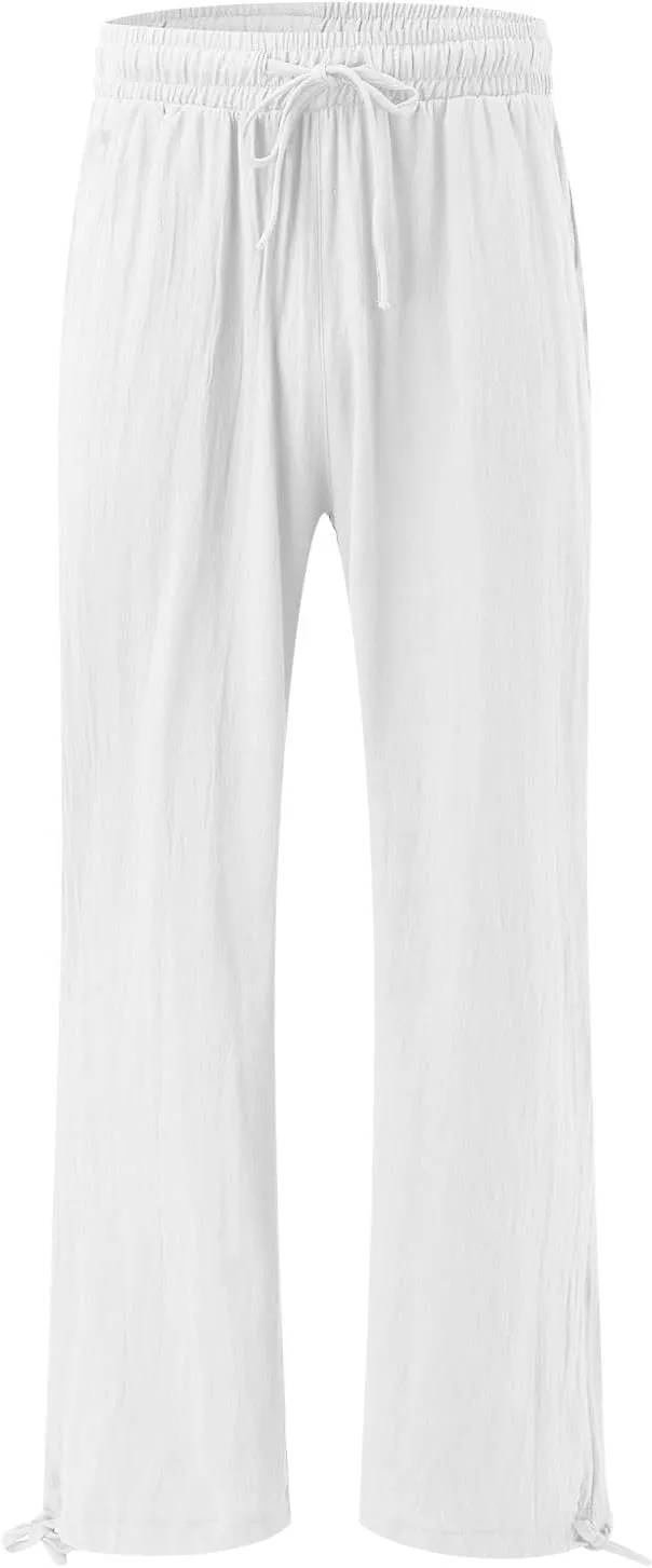 Wide Leg Linen Pants for Women 2025 Summer Casual High Waisted Palazzo Pants Boho Beach Flowy Pants with Pockets