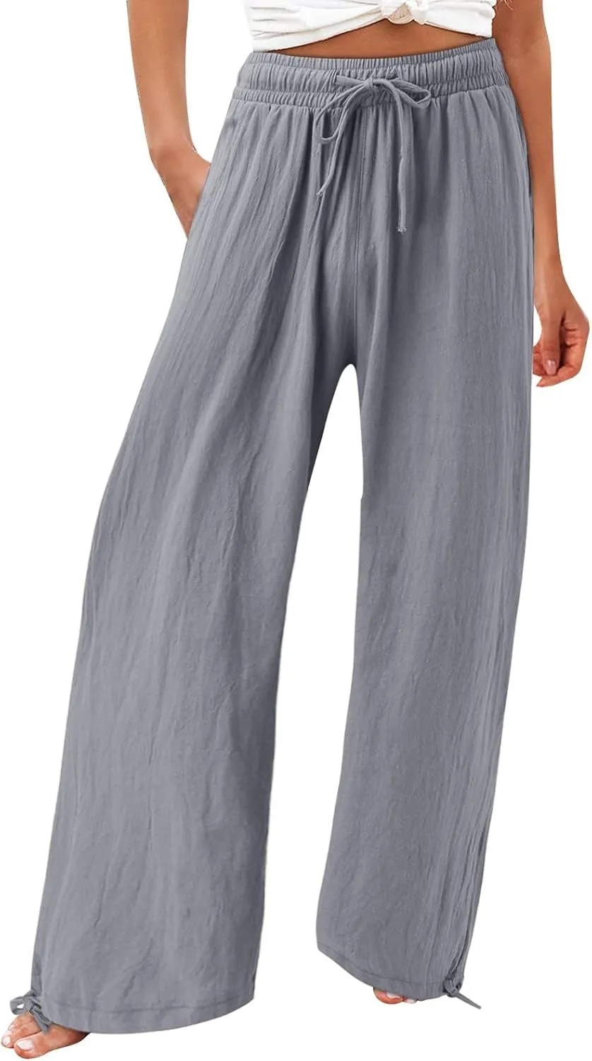 Wide Leg Linen Pants for Women 2025 Summer Casual High Waisted Palazzo Pants Boho Beach Flowy Pants with Pockets