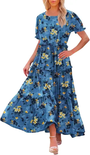 Women Casual Bohemian Floral Dress with Pockets Summer Puff Short Sleeve Maxi Dress Flowy Tiered A Line Dress