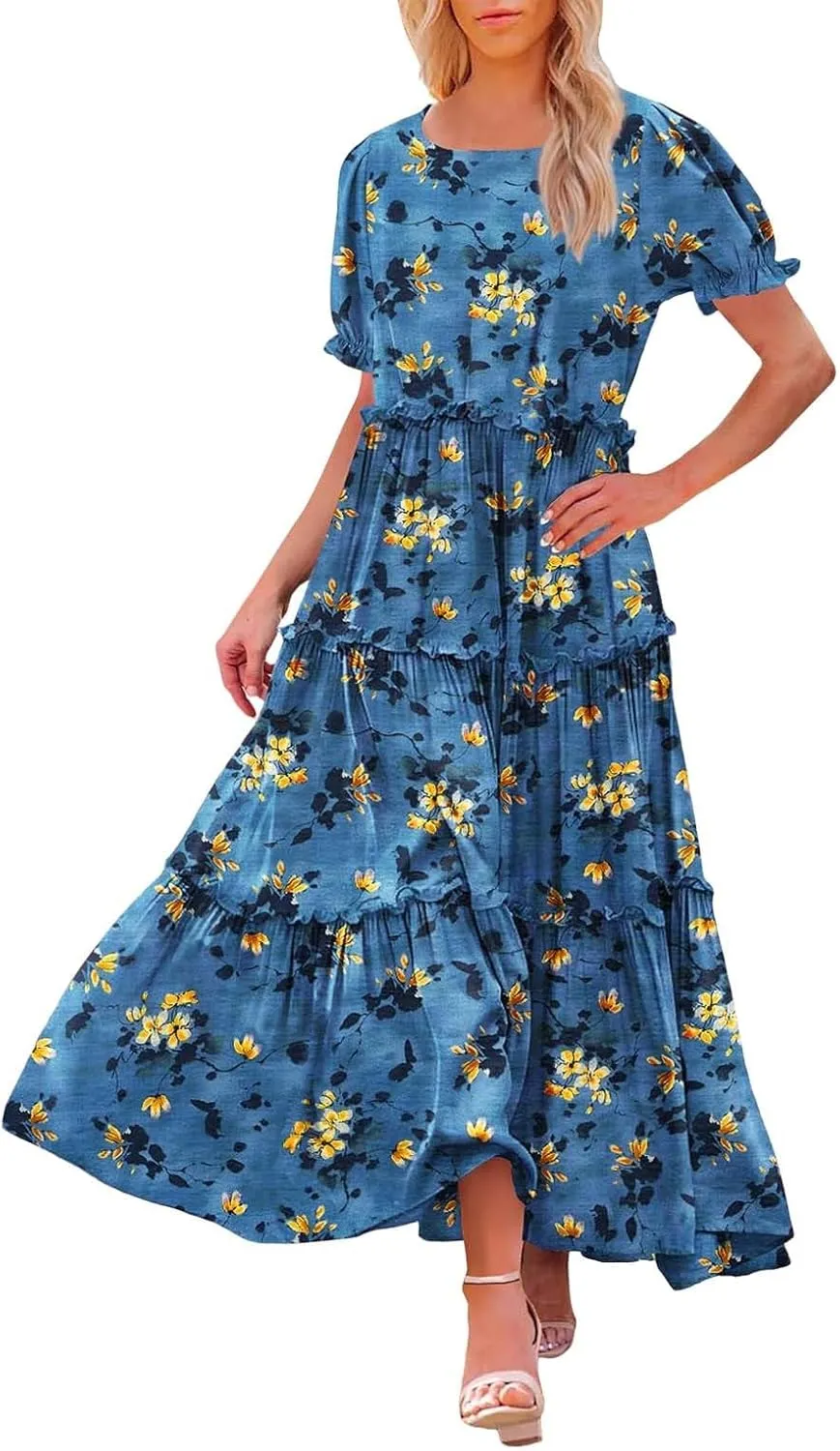 Women Casual Bohemian Floral Dress with Pockets Summer Puff Short Sleeve Maxi Dress Flowy Tiered A Line Dress