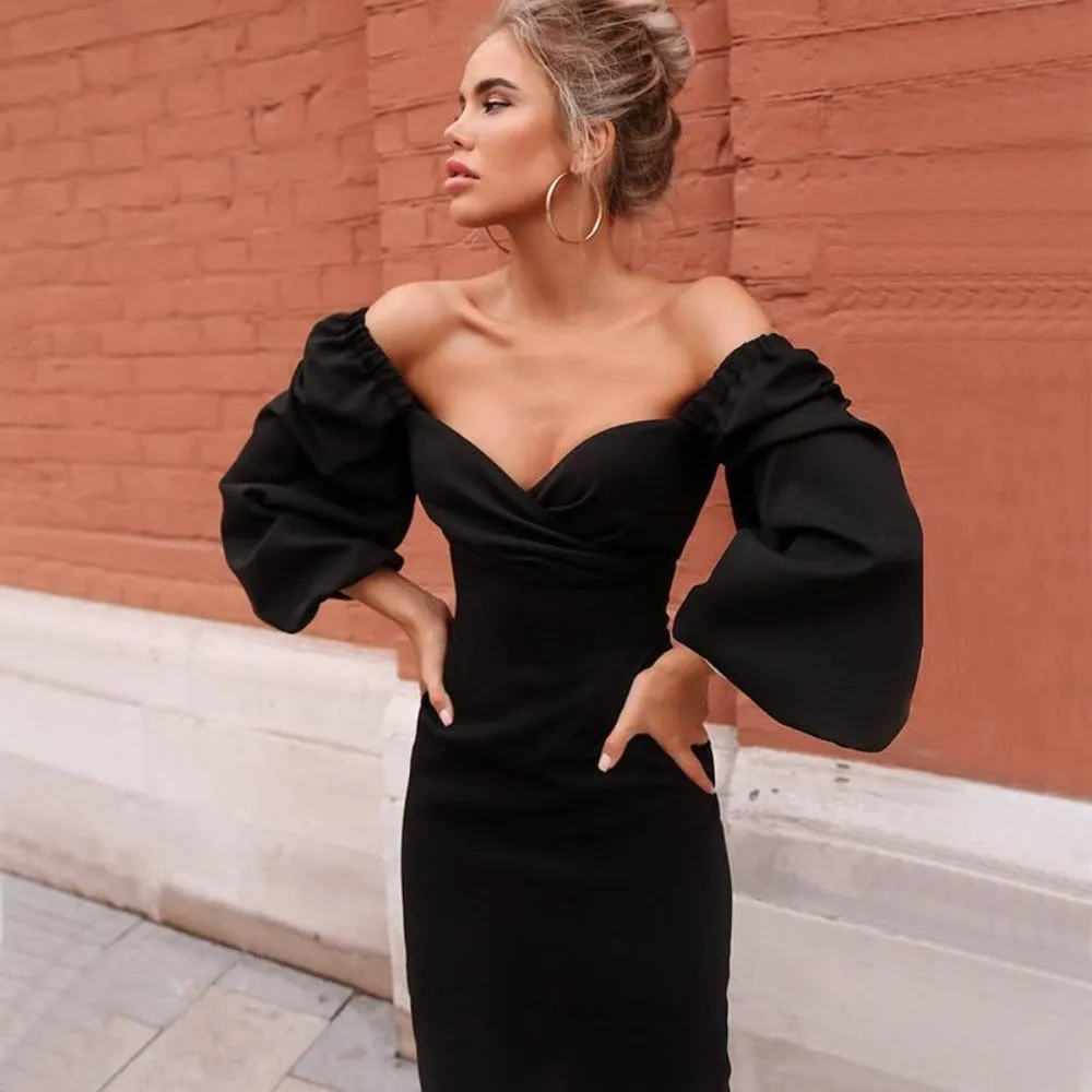 women dresses lantern sleeves mid-calf bodycon autumn clubwear ✈️ free.shipping