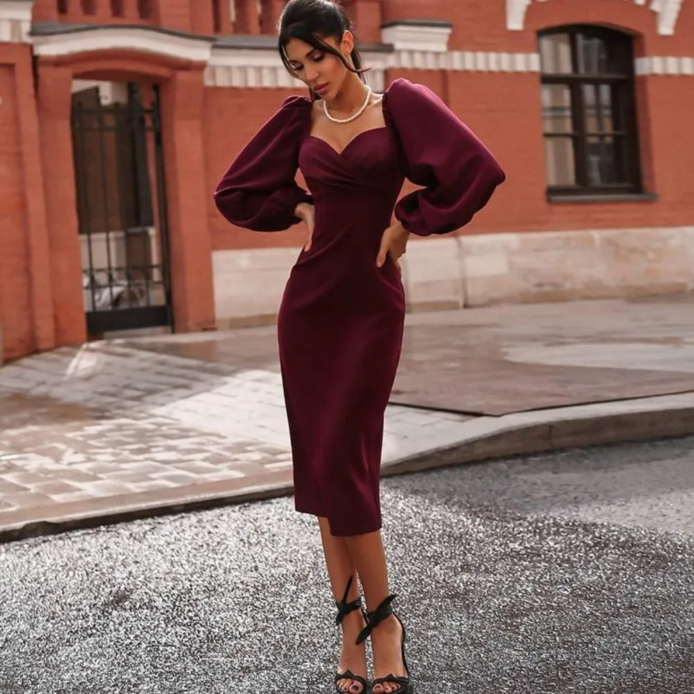 women dresses lantern sleeves mid-calf bodycon autumn clubwear ✈️ free.shipping