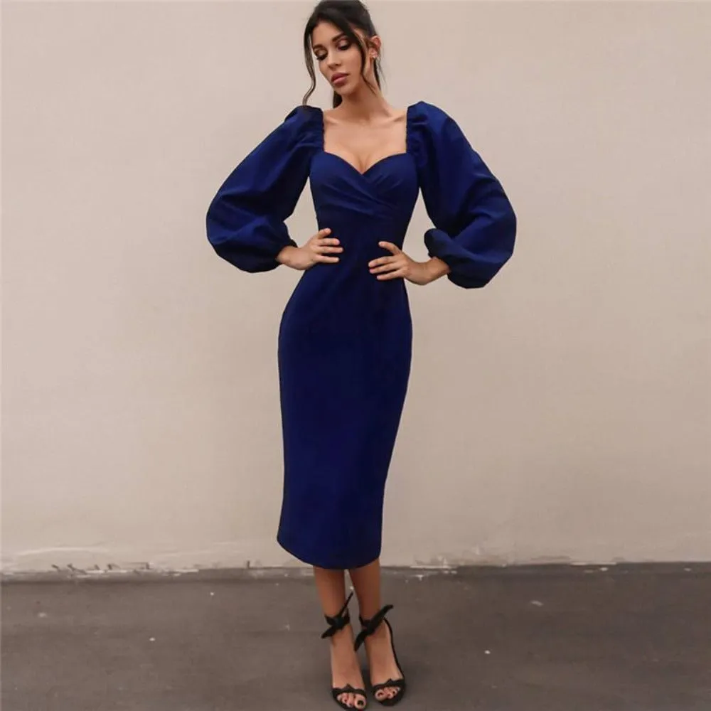 women dresses lantern sleeves mid-calf bodycon autumn clubwear ✈️ free.shipping