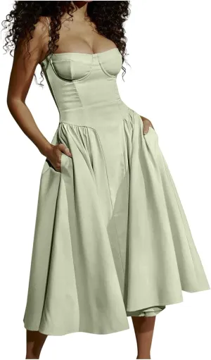 Women Sleeveless Sling Long Dress Summer Solid Color Backless A Line Bandage Dress Ladies Denim Dress