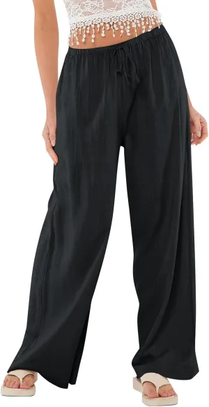 Women Wide Leg Pants Flowy Linen Pants Drawstring High Waisted Summer Baggy Trouser Pant with Pockets (S-2Xl)
