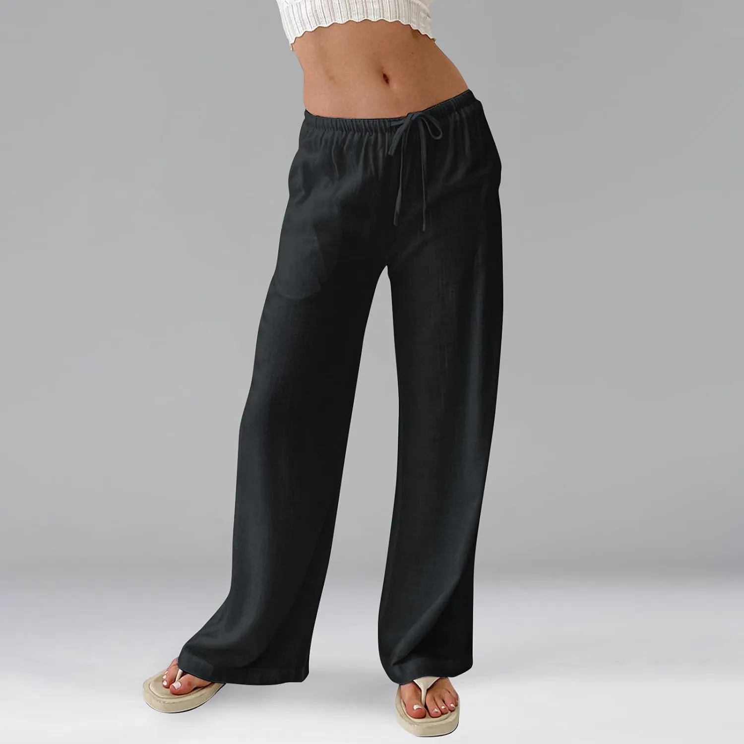 Women Wide Leg Pants Flowy Linen Pants Drawstring High Waisted Summer Baggy Trouser Pant with Pockets (S-2Xl)