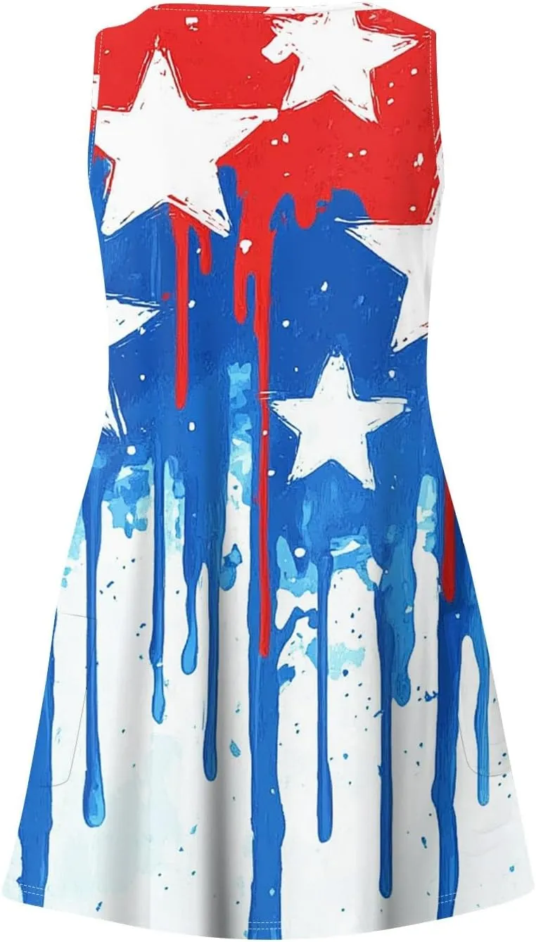 Women's Casual Summer Dresses 4Th of July Sleeveless V-Neck Patriotic Tank Sundress with Pockets Dress, S-2XL