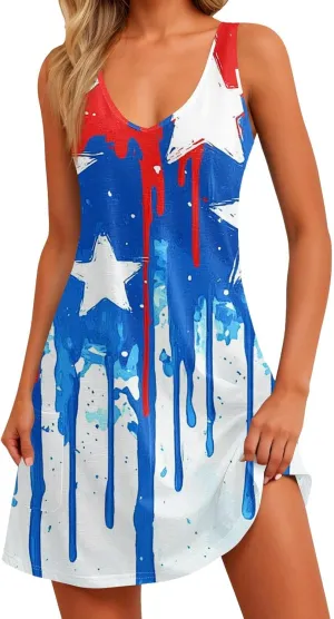 Women's Casual Summer Dresses 4Th of July Sleeveless V-Neck Patriotic Tank Sundress with Pockets Dress, S-2XL