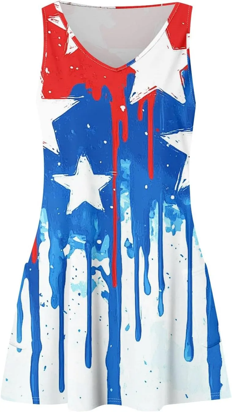 Women's Casual Summer Dresses 4Th of July Sleeveless V-Neck Patriotic Tank Sundress with Pockets Dress, S-2XL