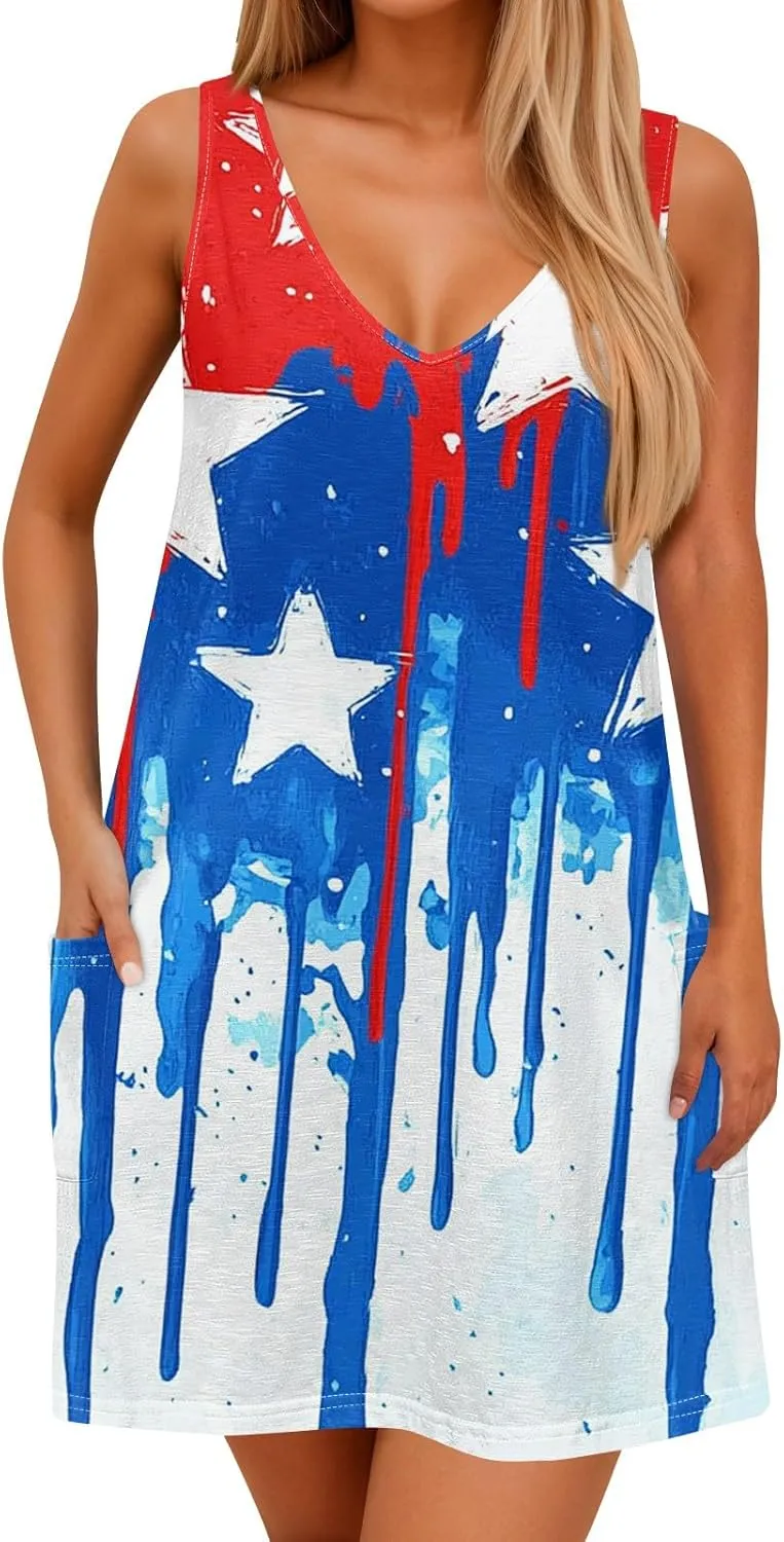 Women's Casual Summer Dresses 4Th of July Sleeveless V-Neck Patriotic Tank Sundress with Pockets Dress, S-2XL