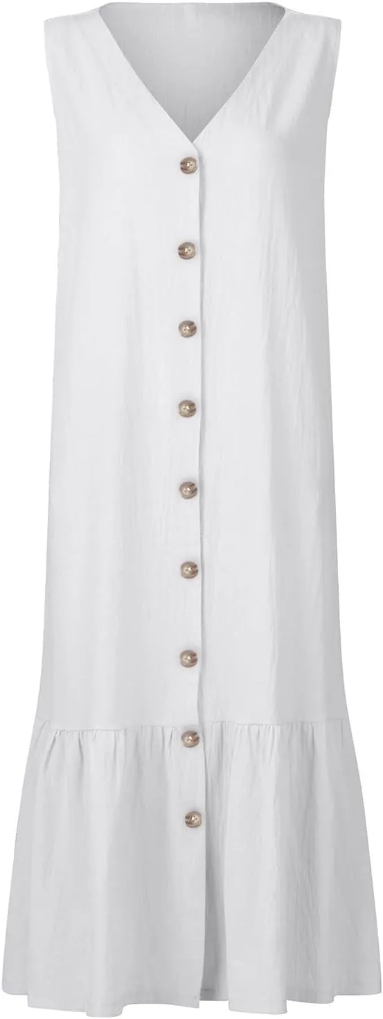 Women's Casual Summer Dresses V Neck Sleeveless Solid Color Button Down Casual Swing Beach Dress, S-2XL