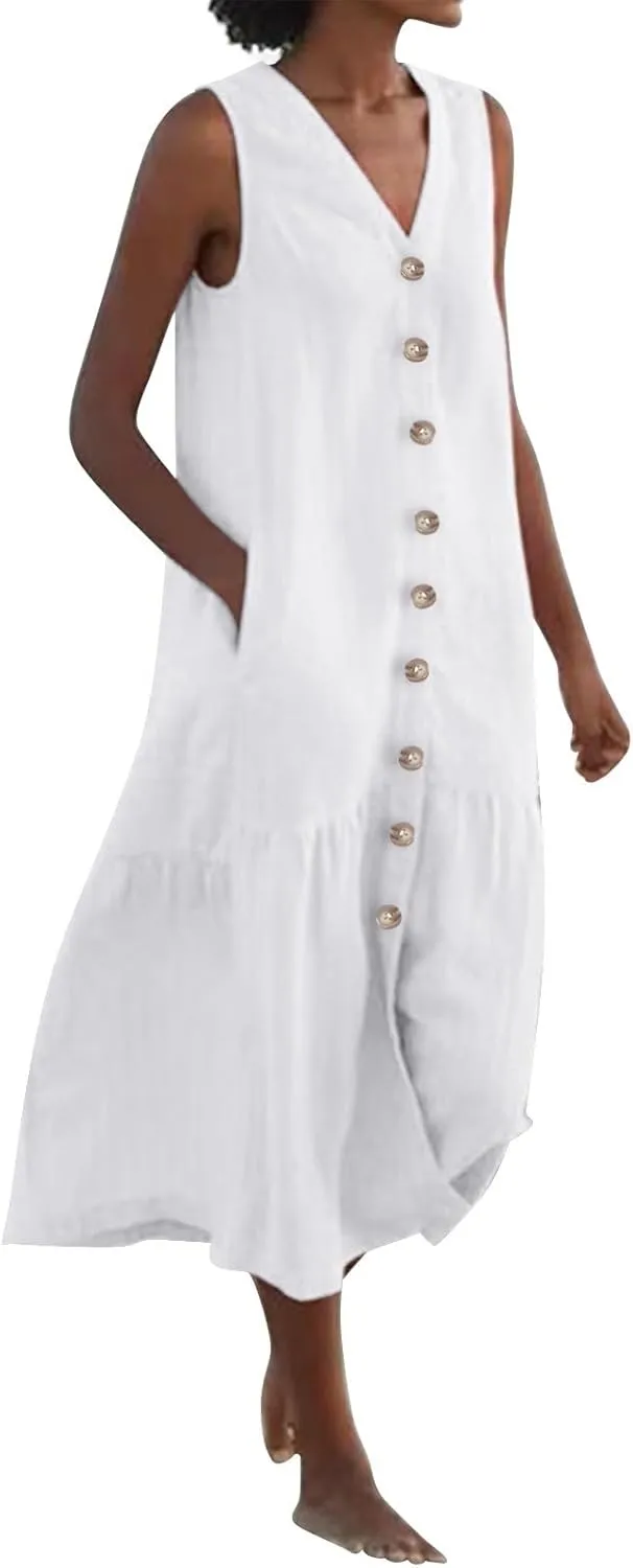 Women's Casual Summer Dresses V Neck Sleeveless Solid Color Button Down Casual Swing Beach Dress, S-2XL