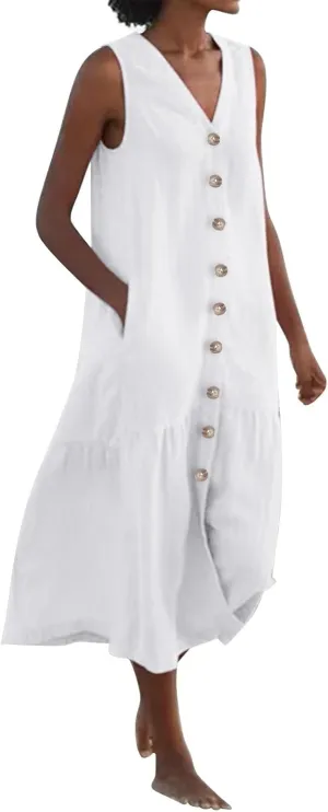 Women's Casual Summer Dresses V Neck Sleeveless Solid Color Button Down Casual Swing Beach Dress, S-2XL