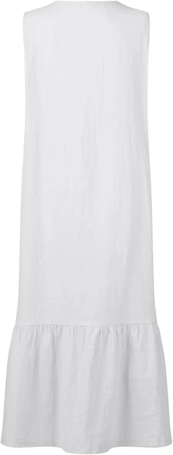 Women's Casual Summer Dresses V Neck Sleeveless Solid Color Button Down Casual Swing Beach Dress, S-2XL