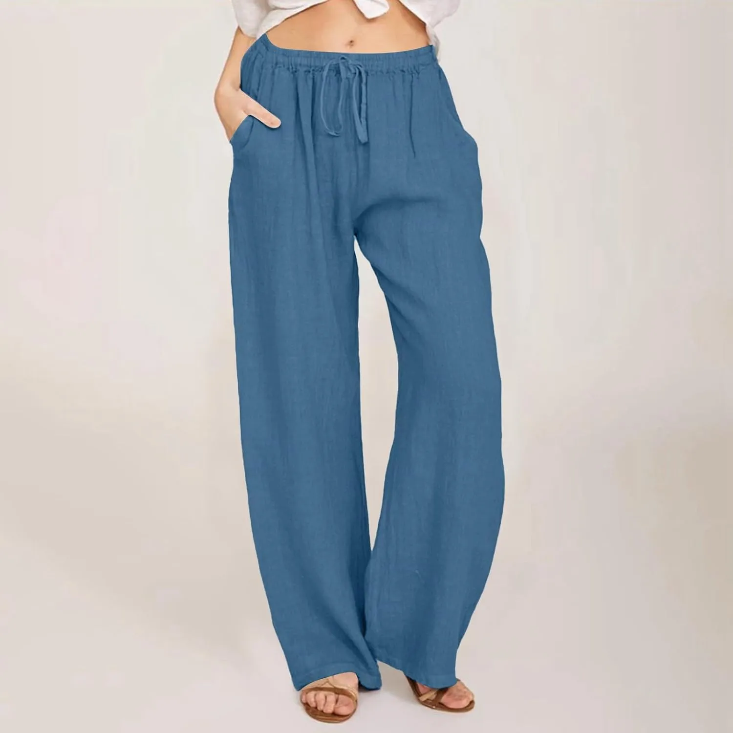 Womens Cotton Linen Pants Casual Summer Loose Boho Straight Leg Solid Color High Waisted Linen Pants Comfy Lounge Trousers