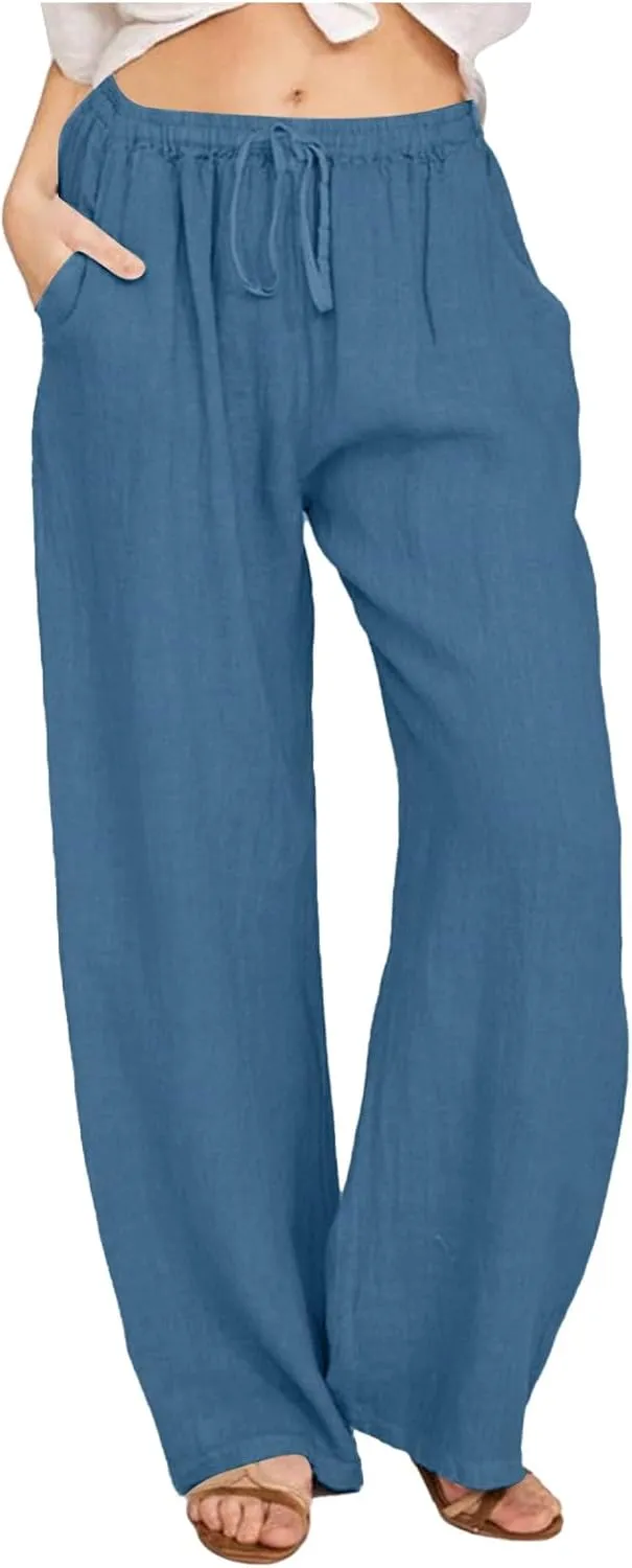 Womens Cotton Linen Pants Casual Summer Loose Boho Straight Leg Solid Color High Waisted Linen Pants Comfy Lounge Trousers