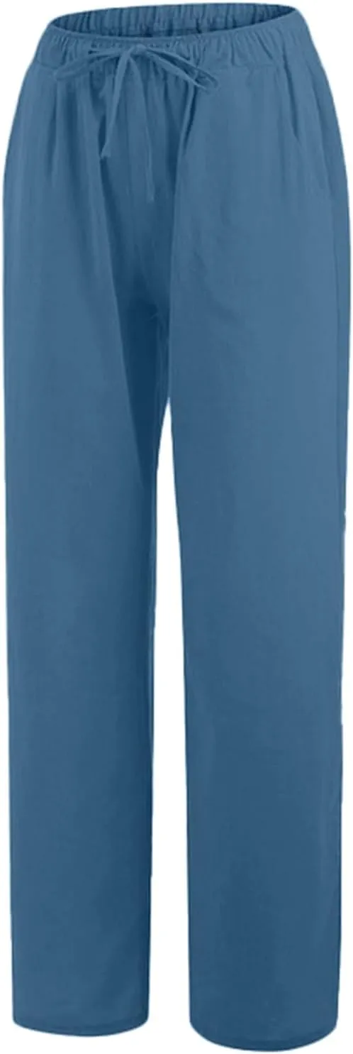 Womens Cotton Linen Pants Casual Summer Loose Boho Straight Leg Solid Color High Waisted Linen Pants Comfy Lounge Trousers