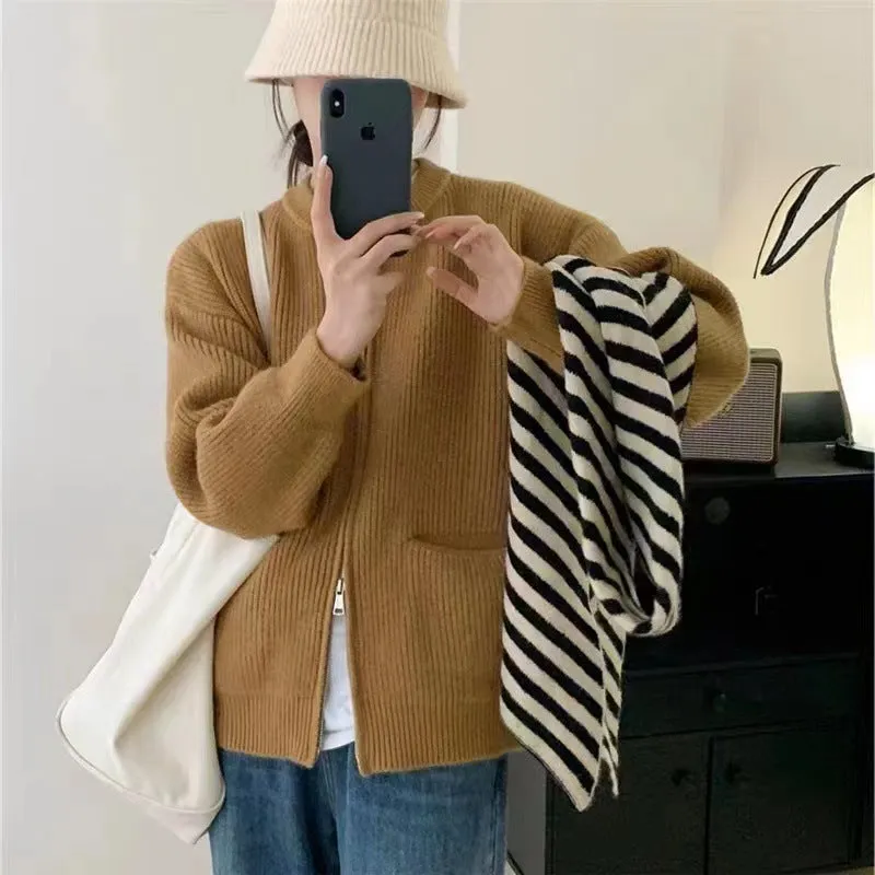 Womens Knit Cardigan  Wool Blend  Oversized Fit  Ribbed Texture  Dual Zipper