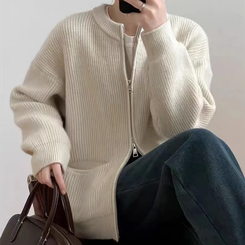 Womens Knit Cardigan  Wool Blend  Oversized Fit  Ribbed Texture  Dual Zipper