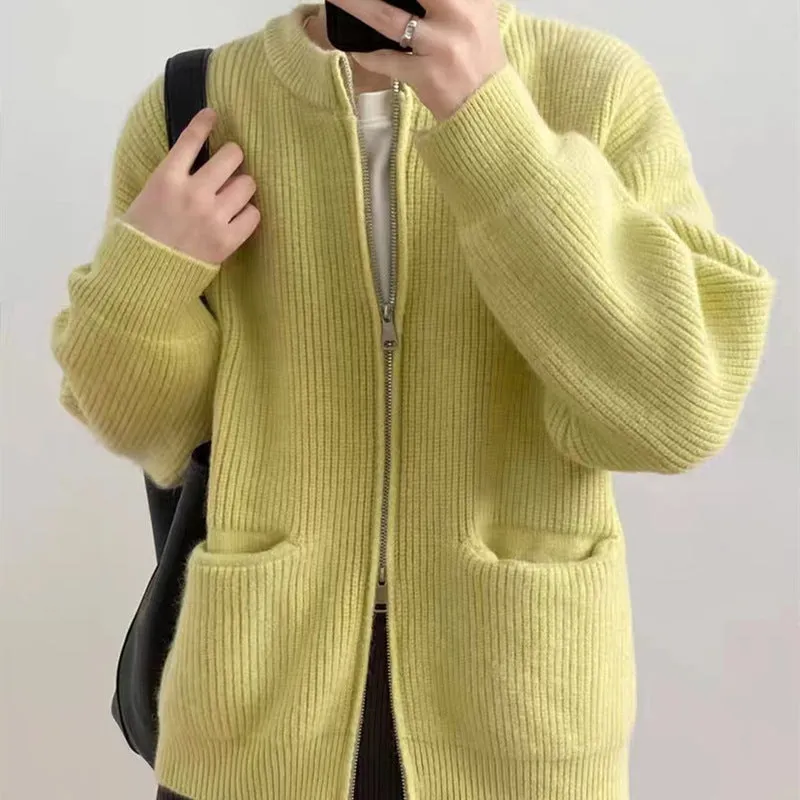 Womens Knit Cardigan  Wool Blend  Oversized Fit  Ribbed Texture  Dual Zipper