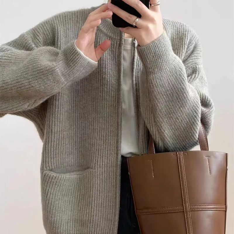 Womens Knit Cardigan  Wool Blend  Oversized Fit  Ribbed Texture  Dual Zipper