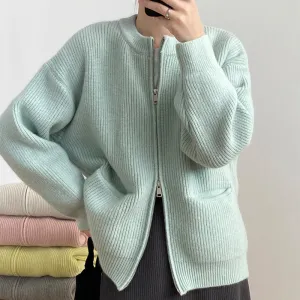 Womens Knit Cardigan  Wool Blend  Oversized Fit  Ribbed Texture  Dual Zipper