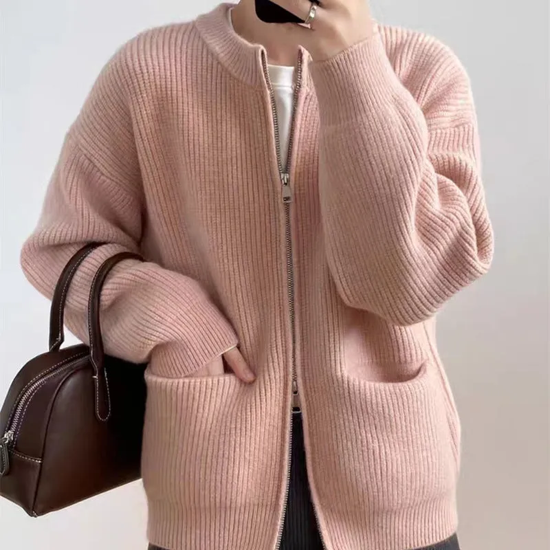 Womens Knit Cardigan  Wool Blend  Oversized Fit  Ribbed Texture  Dual Zipper