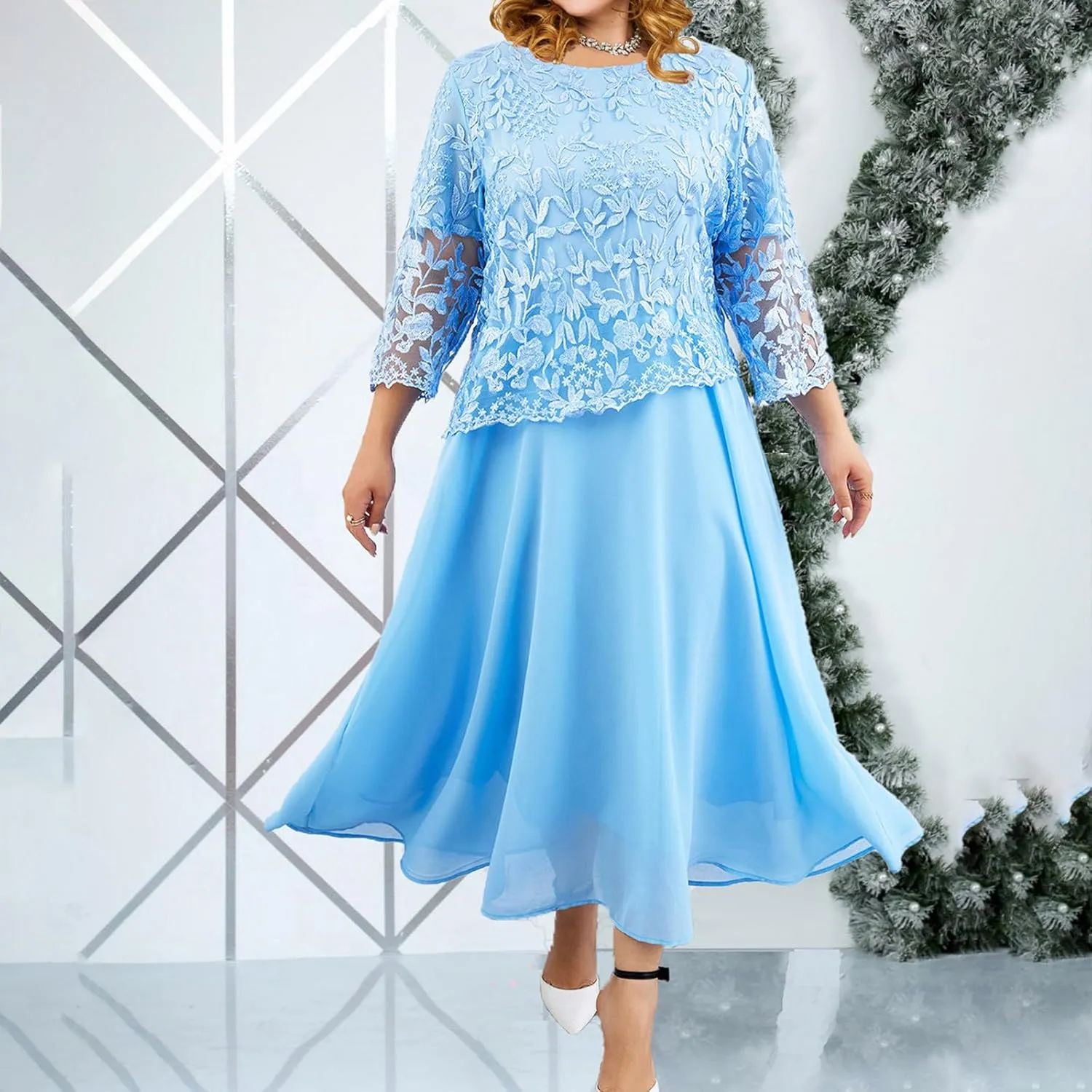 Women's Plus Size Lace Midi Dress Fashion Loose Flowy Chiffon Dresses Solid Color Round Neck 3/4 Sleeve Dress