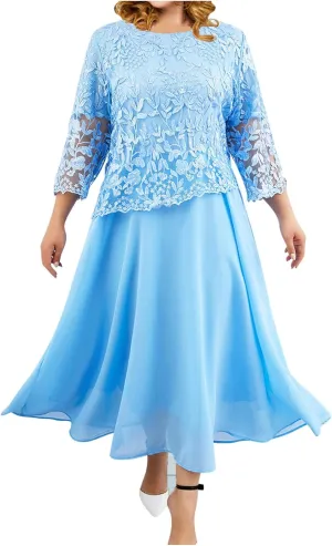 Women's Plus Size Lace Midi Dress Fashion Loose Flowy Chiffon Dresses Solid Color Round Neck 3/4 Sleeve Dress