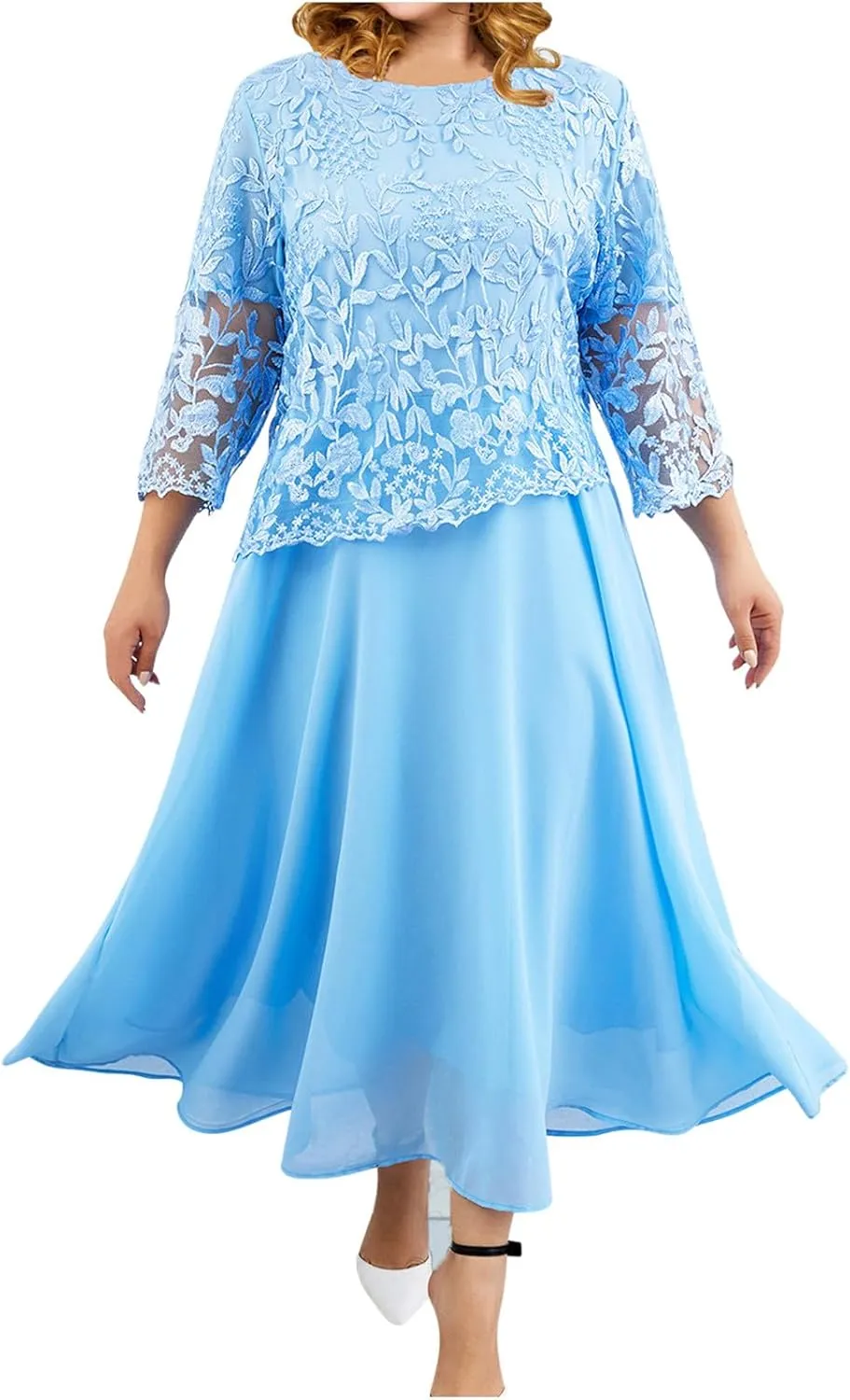 Women's Plus Size Lace Midi Dress Fashion Loose Flowy Chiffon Dresses Solid Color Round Neck 3/4 Sleeve Dress