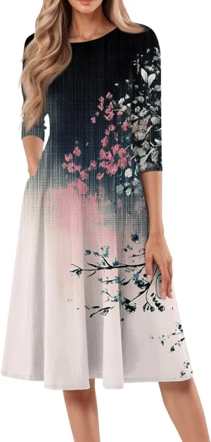 Women's Sleeveless Dress Quarter Sleeves Round Neck Flounce Print Pocket Beach Vacation Elegant Midi Dress, S-3XL