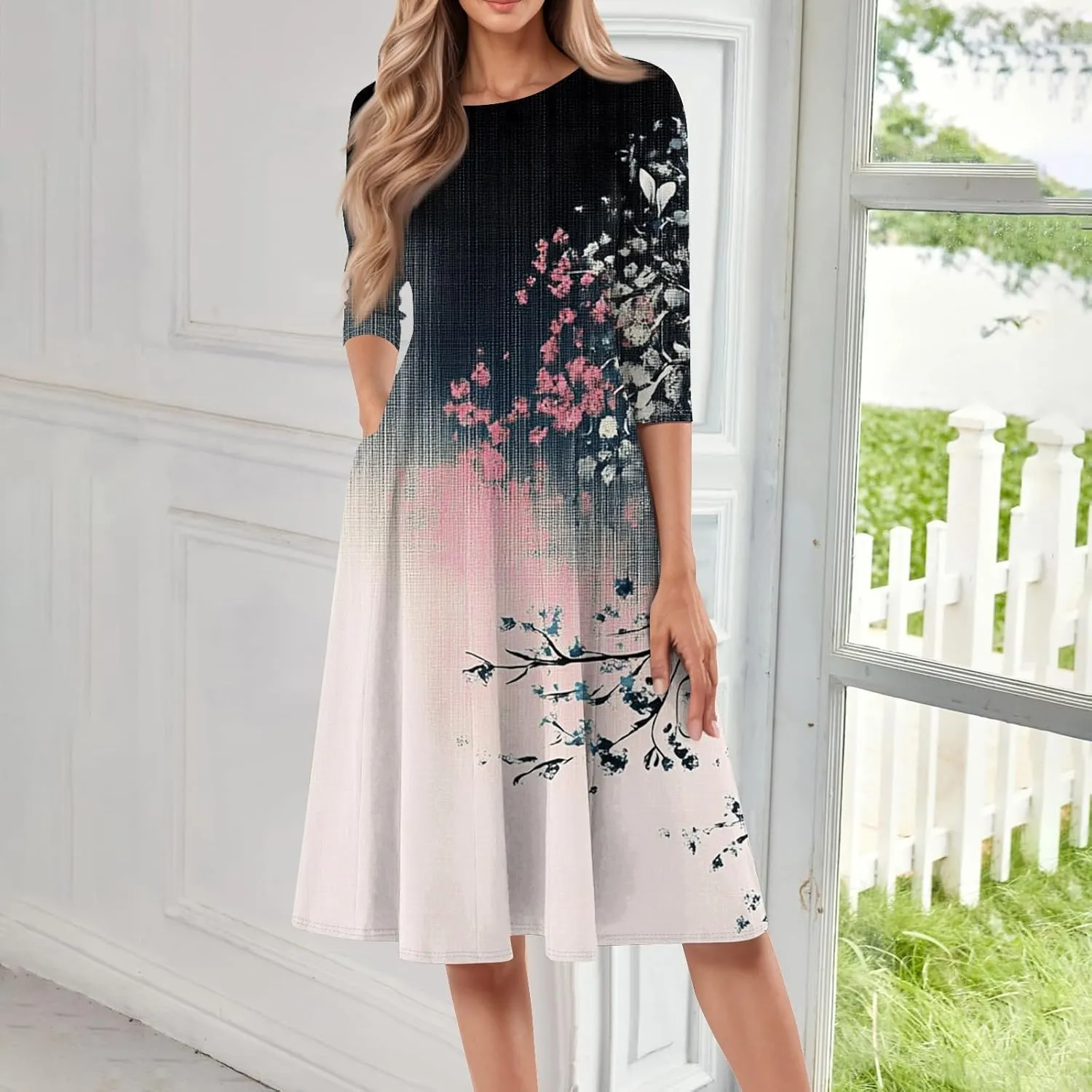 Women's Sleeveless Dress Quarter Sleeves Round Neck Flounce Print Pocket Beach Vacation Elegant Midi Dress, S-3XL